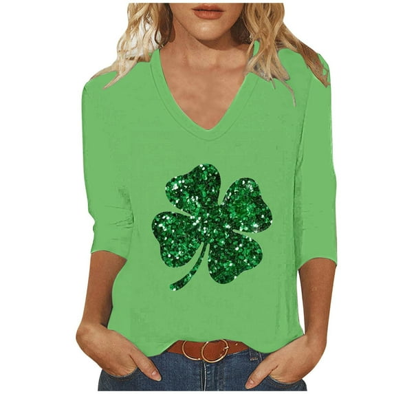 St Patricks Day Shirt Women Sequin Shamrock Graphic Tees Irish Crewneck 3/4 Sleeve Shirts Funny Saint Pattys Outfits