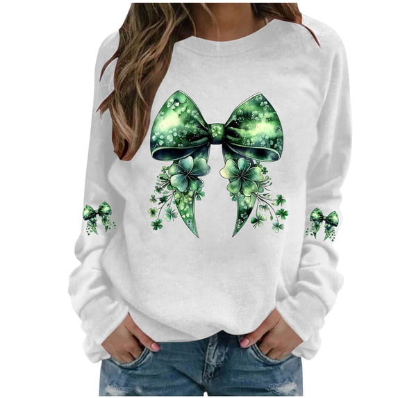 St Patricks Day Shirt Women Shamrock Crewneck Sweatshirt Long Sleeve Festival Top Bow Printed Shirts Green Going Out Top