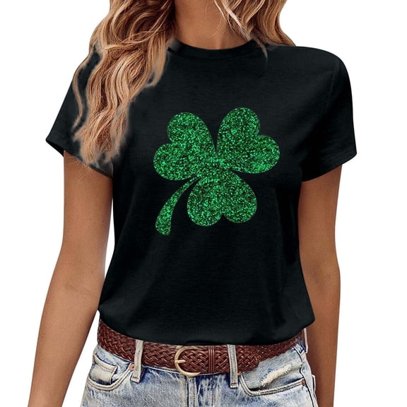 St Patricks Day Shirt Women Shamrock Printed Womens St Patrick's Day Clover T-Shirt O Neck Green Short Sleeve Tops Women Comfortable Green Party Top