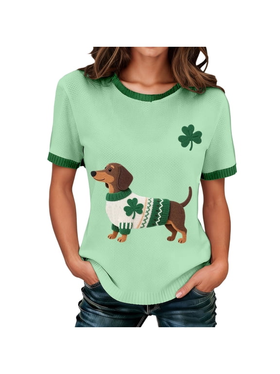 St Patricks Day Shirt Women Short Sleeve Shamrock Sweater Leaf Clover Dachshund Ribbed Knitted Irish Sweater T Shirts