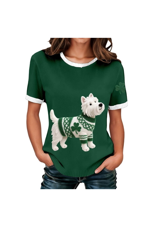 St Patricks Day Shirt Women Short Sleeve Shamrock Sweater Leaf Clover Dachshund Ribbed Knitted Irish Sweater T Shirts