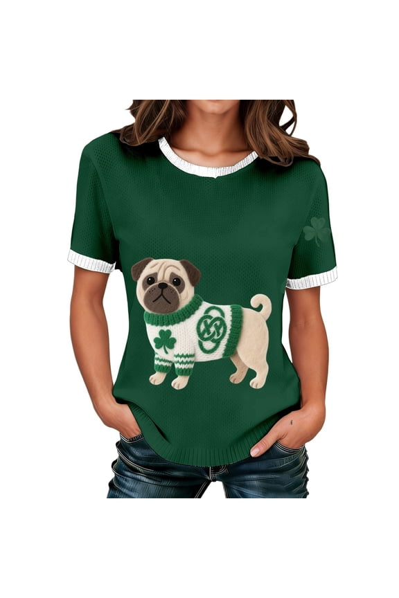 St Patricks Day Shirt Women Short Sleeve Shamrock Sweater Leaf Clover Dachshund Ribbed Knitted Irish Sweater T Shirts