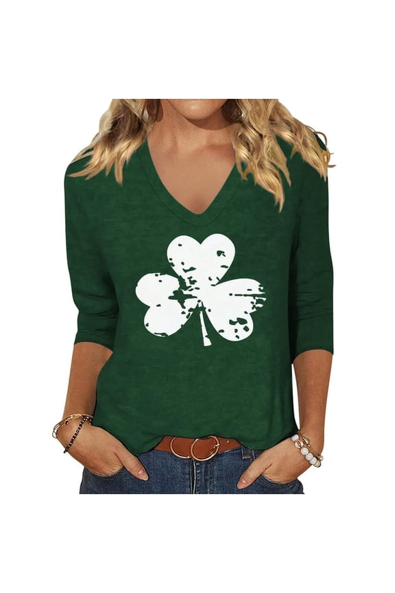St Patricks Day Shirt Women V Neck 3/4 Sleeve Tops for Women Green Shirts for Women T Shirts Graphic Tees Women's Shirts