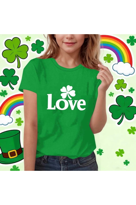 St Patricks Day Shirt for Girls Kids Four Leaf Clover Lucky Love Graphic Tee Green Holiday Top Comfort Stretch Fit,Size 12-13T