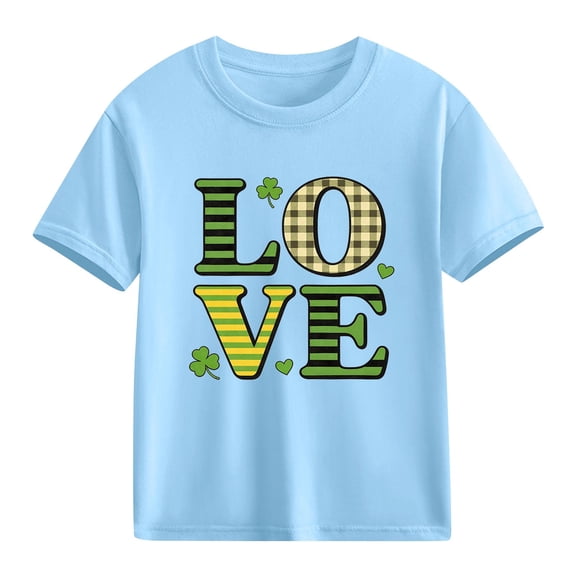 St Patricks Day Shirt for Girls Kids Love Clover T-Shirt Holiday Short Sleeve Cotton Tee Blue,Size 4 T