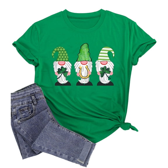 St. Patricks Day Shirt for Womens Cute Gnomes T-Shirt Shamrock Printed Shirts Short Sleeve Graphic Tees Tops