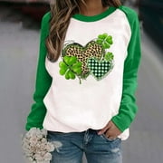WOMAIL St Patricks Day Shirt for women Spring Patchwork St. Patrick's Day Printed Long Sleeves Round Neck Casual Tee Tops