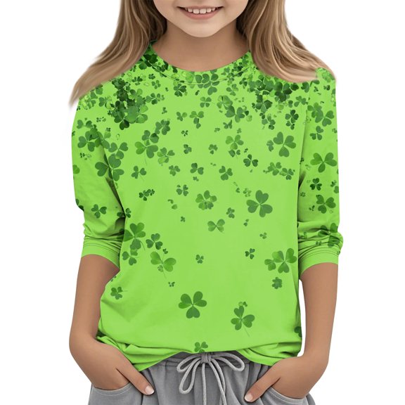 St Patricks Day Shirts Girls Shamrock Clover 3/4 Sleeve Shirt Loose Fit Graphic Irish Tops Casual Cute Funny T-Shirts,Green 8-9 Years