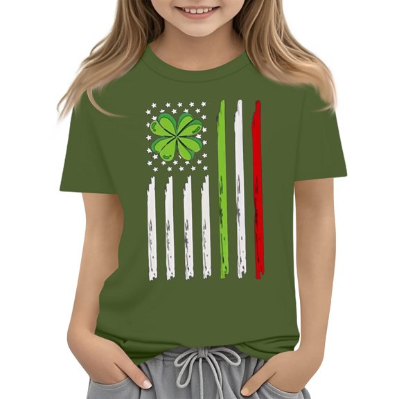 St Patricks Day Shirts Girls Shamrock Clover Irish Shirts St Patrick's Day Short Sleeve Graphic Tops Loose Fit Casual Crewneck Clothing,Army Green 5-6 Years