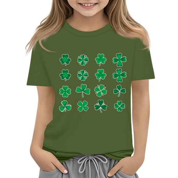 St Patricks Day Shirts Girls Shamrock Short Sleeve Irish Shirts Loose Fit Clover Graphic Tops St Patrick's Day Casual Spring Tshirts,Army Green 2-3 Years