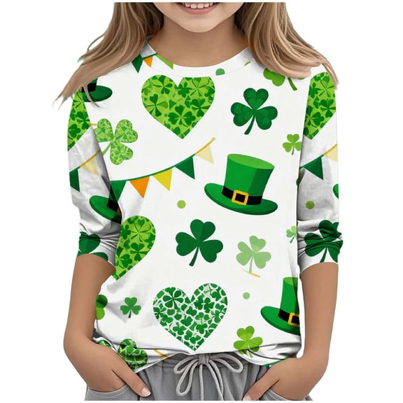 St.Patricks Day Shirts Kids Crew Neck 3/4 Sleeve Festival Print Pullover Tops Casual Loose Holiday Party Tees (13 Years, Green-R)