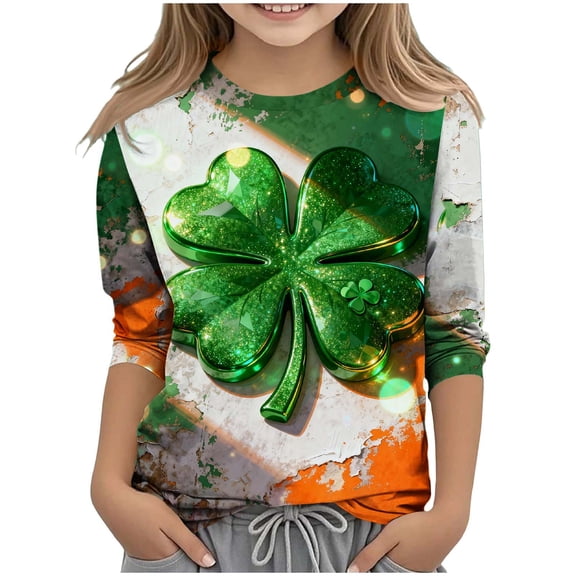 St.Patricks Day Shirts Kids Crew Neck 3/4 Sleeve Festival Print Pullover Tops Casual Loose Holiday Party Tees (7 Years, Green-V)