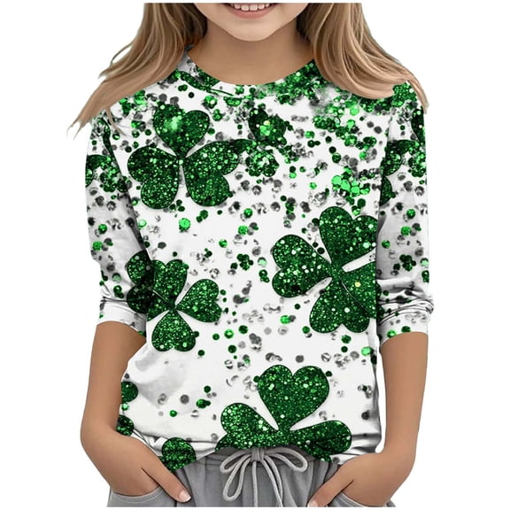 St.Patricks Day Shirts Kids Crew Neck 3/4 Sleeve Festival Print Pullover Tops Casual Loose Holiday Party Tees (9 Years, Green-A)