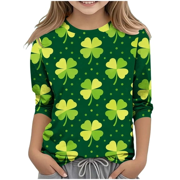St.Patricks Day Shirts Kids Crew Neck 3/4 Sleeve Festival Print Pullover Tops Casual Loose Holiday Party Tees (9 Years, Green)
