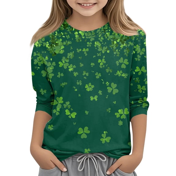 St Patricks Day Shirts Kids Girls 3/4 Sleeve Graphic Shamrock Shirts Loose Fit Clover Irish Tees Tops St Patrick's Day Cute Funny Clothing,Dark Green 8-9 Years