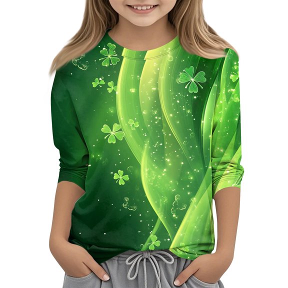 St Patricks Day Shirts Kids Girls Irish Shamrock 3/4 Sleeve Shirt Loose Fit Clover Graphic Tops St Patrick's Day Cute Spring Clothes,Turquoise 10-11 Years