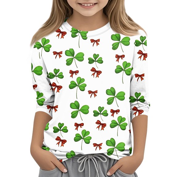St Patricks Day Shirts Kids Girls Irish Shamrock 3/4 Sleeve Shirt St Patrick's Day Clover Graphic Tops Cute Loose Fit Funny Clothes,Mint Green 10-11 Years