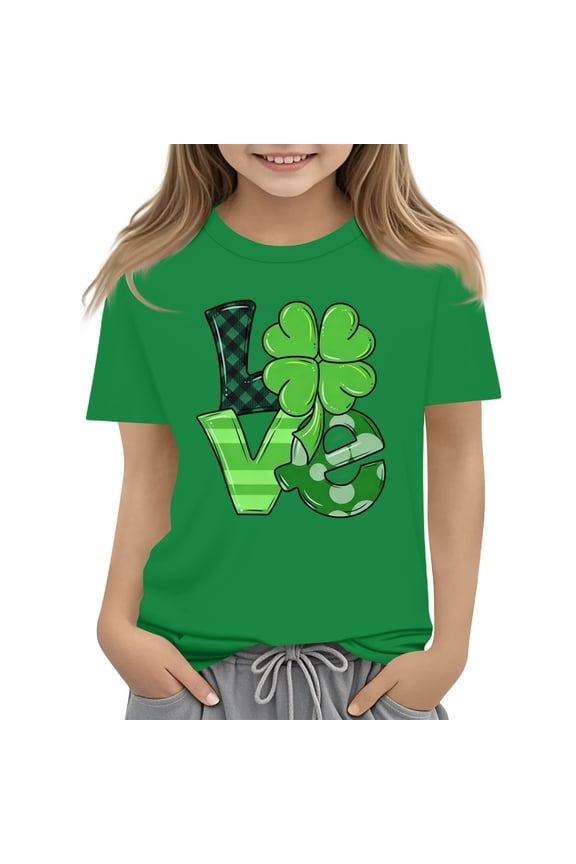 St Patricks Day Shirts Kids Girls Shamrock Short Sleeve Irish Shirts Casual Clover Graphic Tops St Patrick's Day Loose Fit Holiday Tshirts,Green 9-10 Years