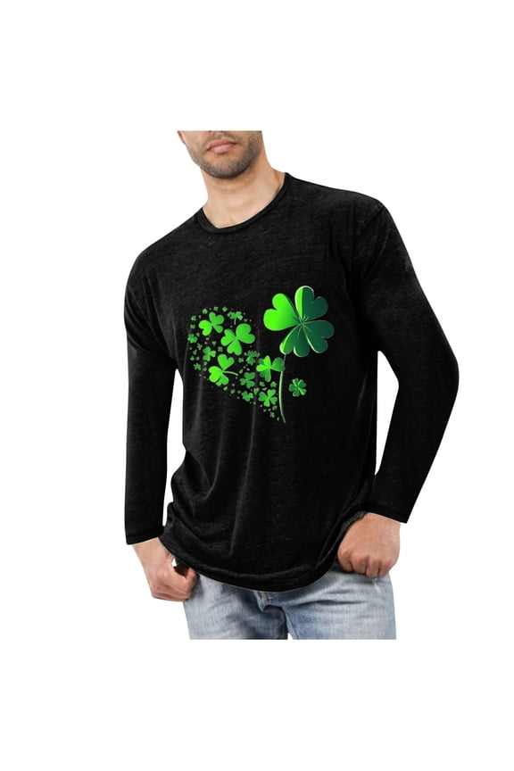 St Patricks Day Shirts Men Long Sleeve Funny Green Heart Shamrock St. Patricks Printed Tee Causal Round Neck Tops