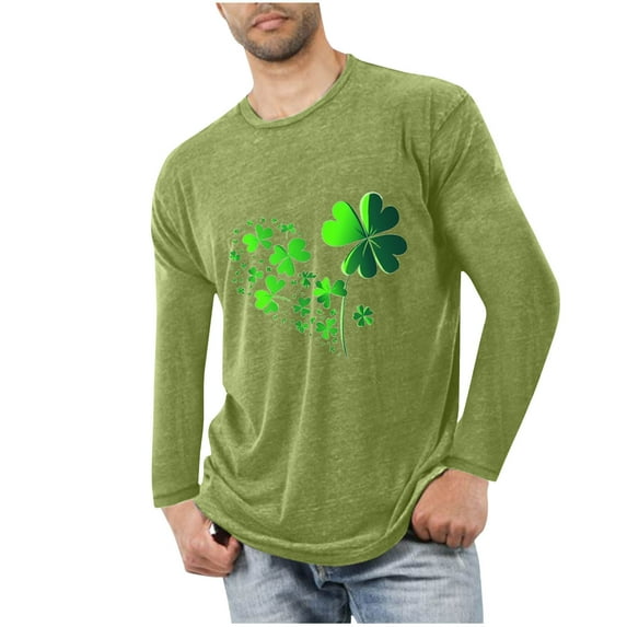 St Patricks Day Shirts Men Long Sleeve Funny Green Heart Shamrock St. Patricks Printed Tee Causal Round Neck Tops