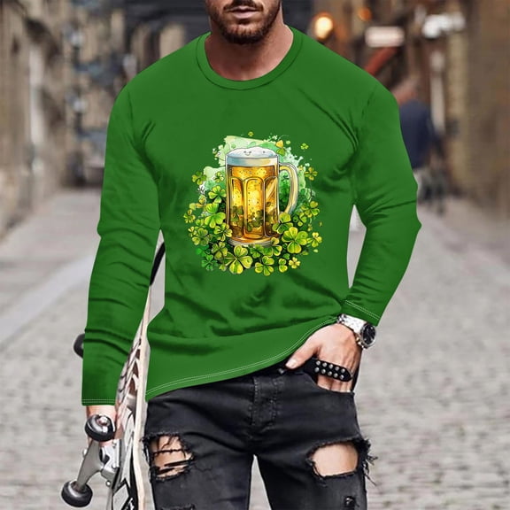 St Patricks Day Shirts for Men, Long Sleeve T Shirt Graphic Men, Crewneck Shirt Fashionable Men's St Patrick's Day Printing Tshirts Long Sleeved Round Neck Casual Tops Shirt