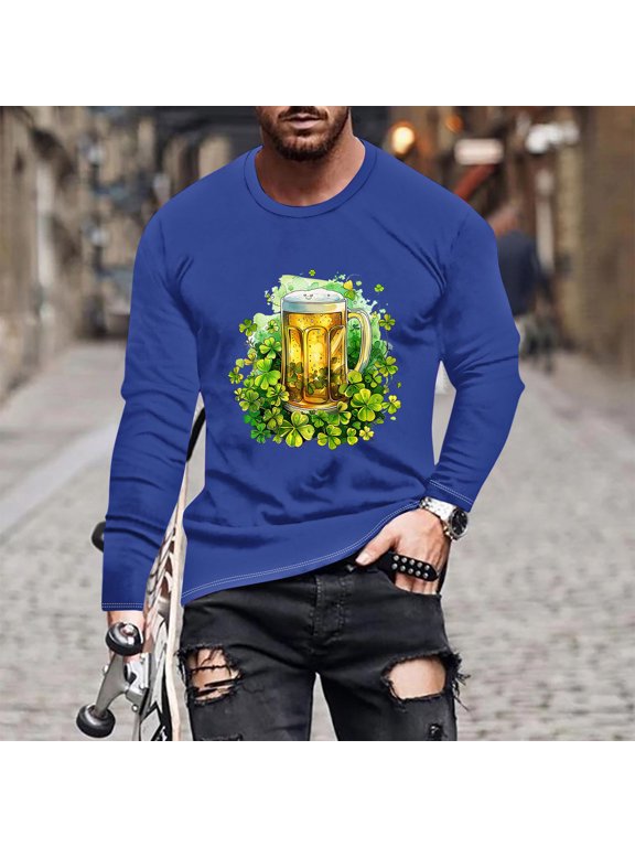 St Patricks Day Shirts for Men, Long Sleeve T Shirt Graphic Men, Crewneck Shirt Fashionable Men's St Patrick's Day Printing Tshirts Long Sleeved Round Neck Casual Tops Shirt