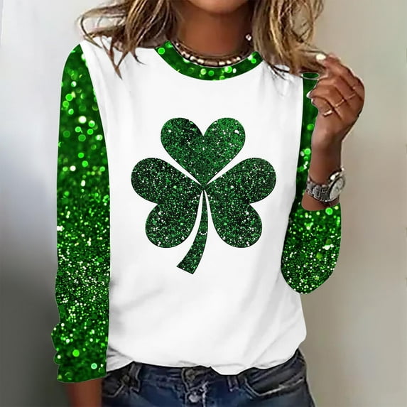 St Patricks Day Shirts Women, Long Sleeve Blouse, Crew Neck Shirt Tops Fashionable Womens St Patrick's Day Printed Round Neck Pullover Blouses Long Sleeved Casual Tops