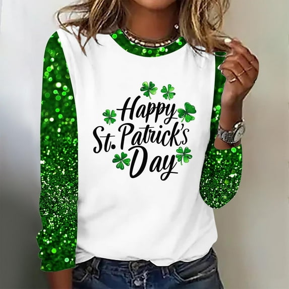 St Patricks Day Shirts Women, Long Sleeve Blouse, Crew Neck Shirt Tops Fashionable Womens St Patrick's Day Printed Round Neck Pullover Blouses Long Sleeved Casual Tops
