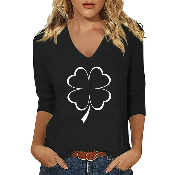 St Patricks Day Shirts for Women Shamrock Print Shirts Spring Shirts Casual Tee Tops V Neck Spring Fall Clothes 3/4 Sleeve Tshirts Irish Clover Tshirts Saint Patrick's Tunic Tops Raglan Tops S-3XL