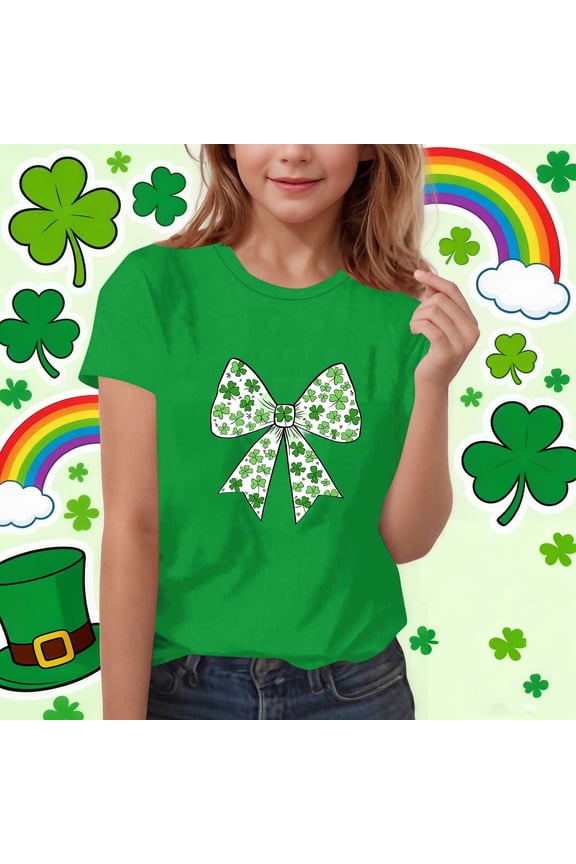 St Patricks Day Shirts for Girls Lucky Bow Shamrock Print Short Sleeve T-Shirt Stretch Green Kids Tee,Size 7-8T