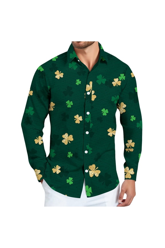 St Patricks Day Shirts for Men Long Sleeve Henley Button Down Shirts Shamrock Printed Collared Athletic Holiday Tops Fluorescent Green M