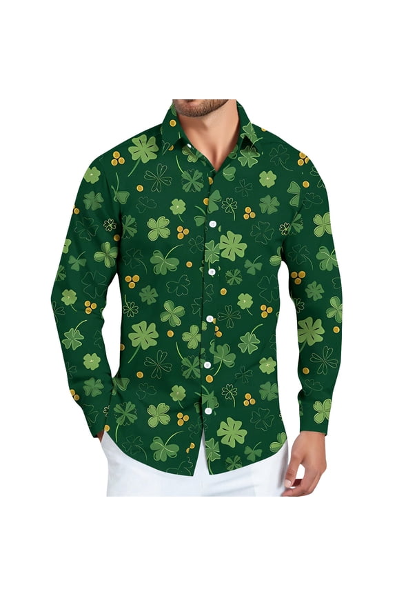 St Patricks Day Shirts for Men Long Sleeve Henley Button Down Shirts Shamrock Printed Collared Athletic Holiday Tops Green 2XL