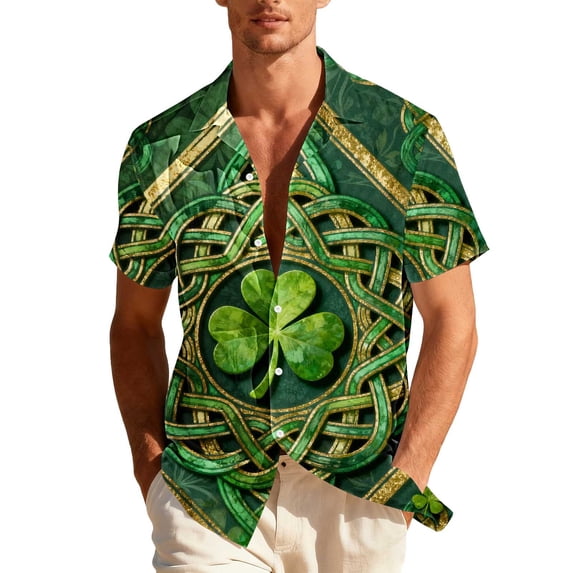 St. Patricks Day Shirts for Men Short Sleeve Summer Tops Shamrock Graphic T-Shirt Button Down Collared Blouse Casual Hawaiian Shirts