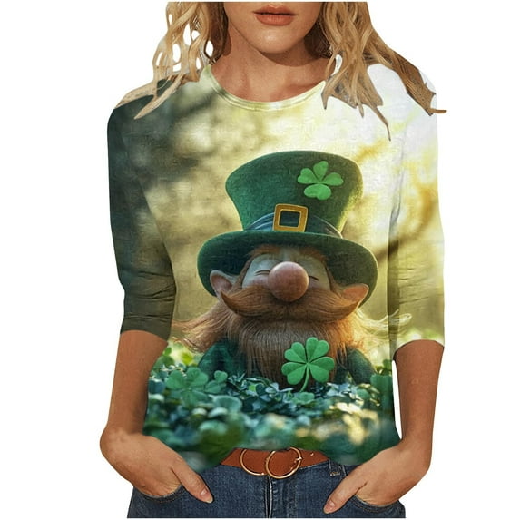 St. Patricks Day Shirts for Women 3/4 Sleeve Crew Neck Casual Tops Four Leaf Clover T-Shirts Irish Festival Outfit Women