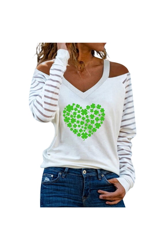 St Patricks Day Shirts for Women Sexy Cold Shoulder Mesh Long Sleeve Clover Gnome Print Shamrock Blouse Tops T Shirt