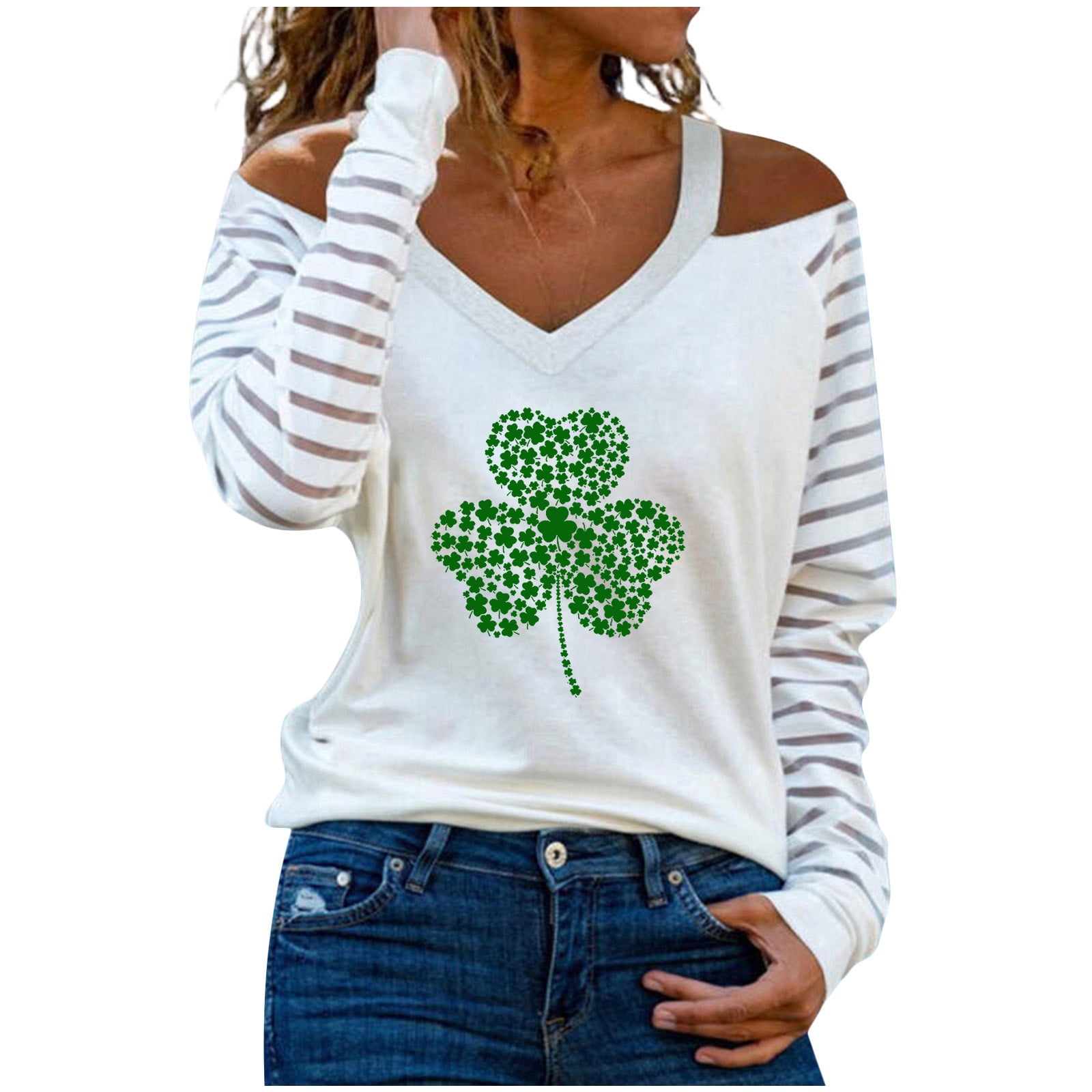 St Patricks Day Shirts for Women Cold Shoulder Mesh Long Sleeve Four Leaf Clover Print Shamrock Blouse Tops T Shirt