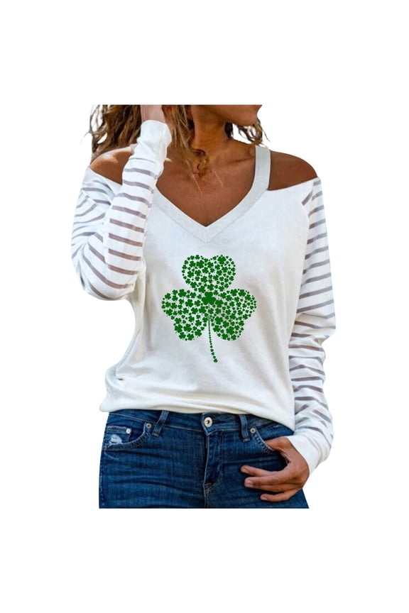 St Patricks Day Shirts for Women Cold Shoulder Mesh Long Sleeve Four Leaf Clover Print Shamrock Blouse Tops T Shirt
