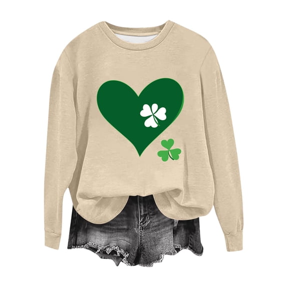 St. Patricks Day Shirts for Women Cute Love Heart Print Tops Long Sleeve Casual Pullover Shirts Shamrock Crewneck Sweatshirt