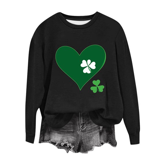St. Patricks Day Shirts for Women Cute Love Heart Print Tops Long Sleeve Casual Pullover Shirts Shamrock Crewneck Sweatshirt