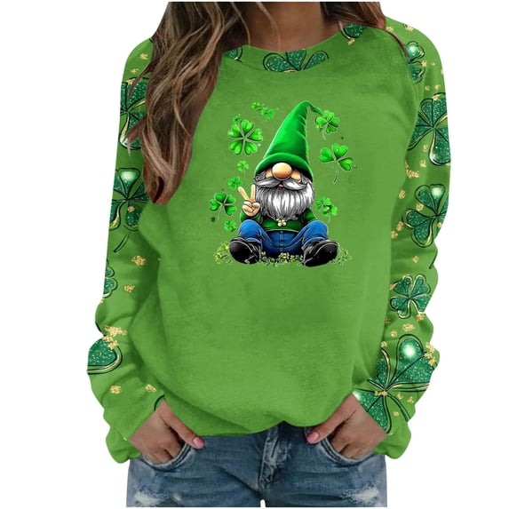 St. Patricks Day Shirts for Women Long Sleeve Crewneck Sweatshirt Irish Gnome with Shamrock Print Tops Cute Graphic Pullover