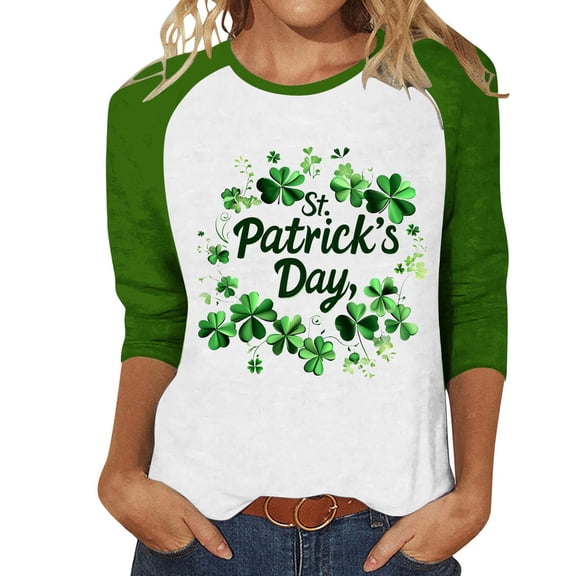 St. Patricks Day Shirts for Women Shamrock Graphic T-Shirt Raglan 3/4 Sleeve Baseball Shirt Loose Fitting Crew Neck Tops