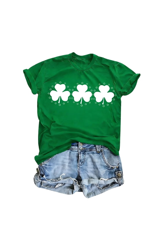St. Patricks Day Shirts for Women Short Sleeve Cute Tops Shamrock Clover Print T-Shirt Round Neck Casual Top Green Graphic Tees