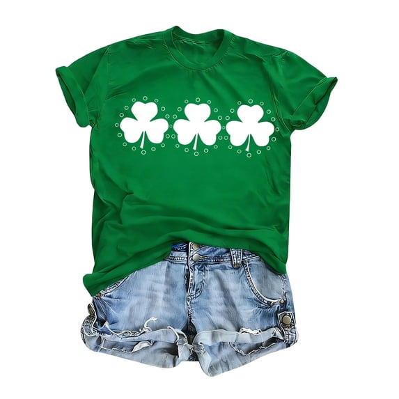 St. Patricks Day Shirts for Women Short Sleeve Cute Tops Shamrock Clover Print T-Shirt Round Neck Casual Top Green Graphic Tees