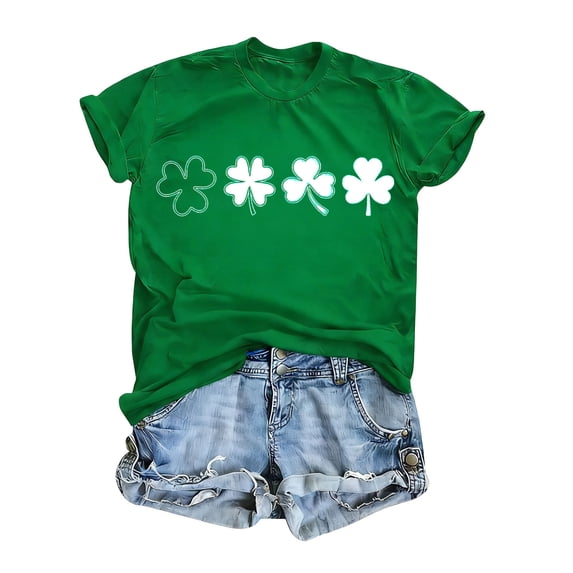 St. Patricks Day Shirts for Women Short Sleeve Cute Tops Shamrock Clover Print T-Shirt Round Neck Casual Top Green Graphic Tees