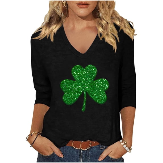 St Patricks Day Shirts for Women V Neck Graphic Tees Funny Festival Blouse 3/4 Sleeve Tunic Tops, Black F M