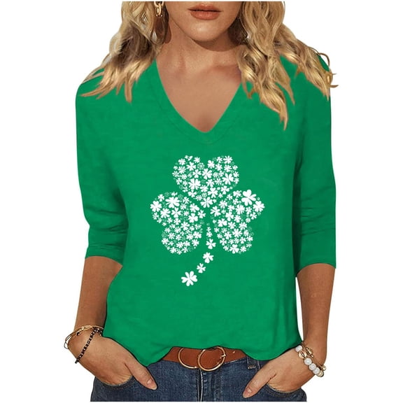 St Patricks Day Shirts for Women V Neck Graphic Tees Funny Festival Blouse 3/4 Sleeve Tunic Tops, Green C XL