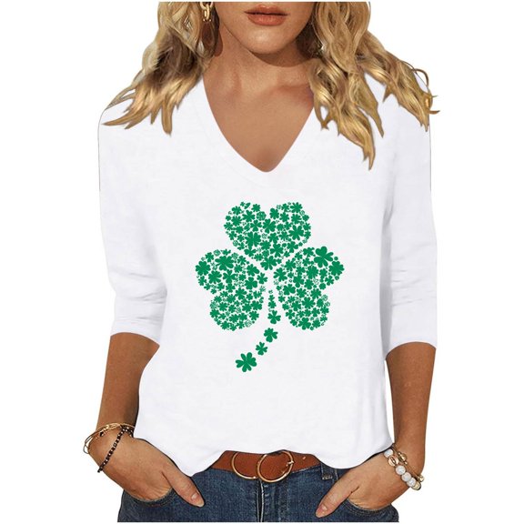 St Patricks Day Shirts for Women V Neck Graphic Tees Funny Festival Blouse 3/4 Sleeve Tunic Tops, White C 3XL