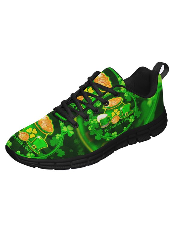 St Patricks Day Shoes for Women Breathable Running Sneakers Men Green Four Leaf Clover Shoes for Irish Festival Gift Black Size 11