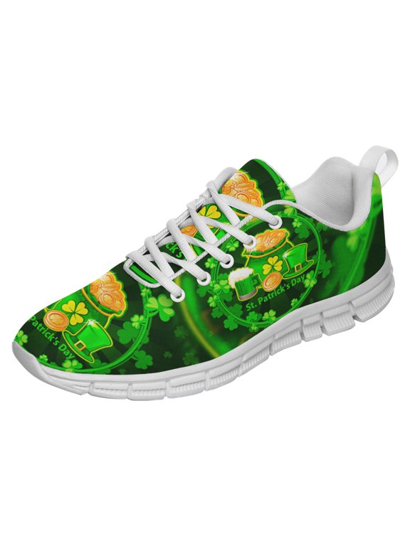 St Patricks Day Shoes for Women Breathable Running Sneakers Men Green Four Leaf Clover Shoes for Irish Festival Gift White Size 3.5