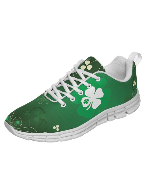 St Patricks Day Shoes for Women Breathable Running Sneakers Men Green Four Leaf Clover Shoes for Irish Festival Gift White Size 4.5